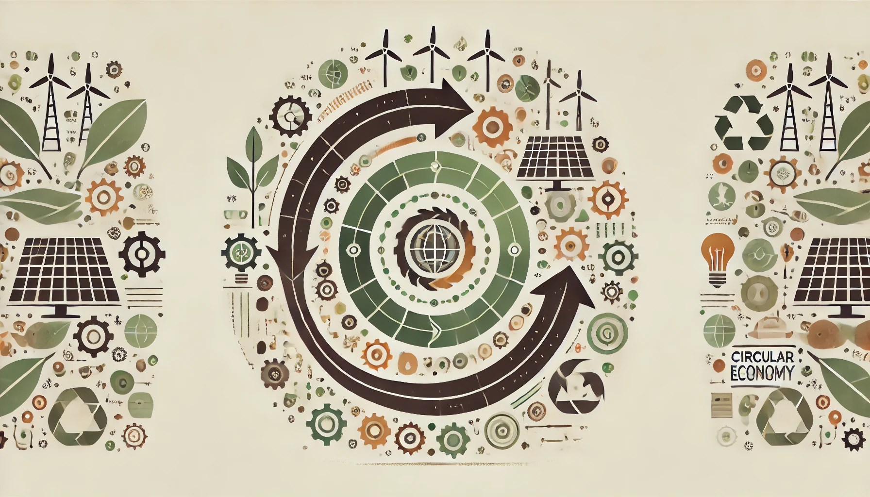 A minimalistic yet dynamic flat vector illustration symbolizing the 'Circular Economy Revolution'. The central visual is a stylized circular system forming a continuous loop or spiral. The circle is composed of green tech elements such as solar panels, wind turbines, leaves, mechanical gears, circular arrows, and renewable energy icons. The composition should be clean and modern, using a trendy sustainable color palette: sage green, terracotta, warm beige, and soft gray. The background is off-white. The style is modern and minimal, with space left on the left or top portion for a blog title, making it ideal as a WordPress landscape header.